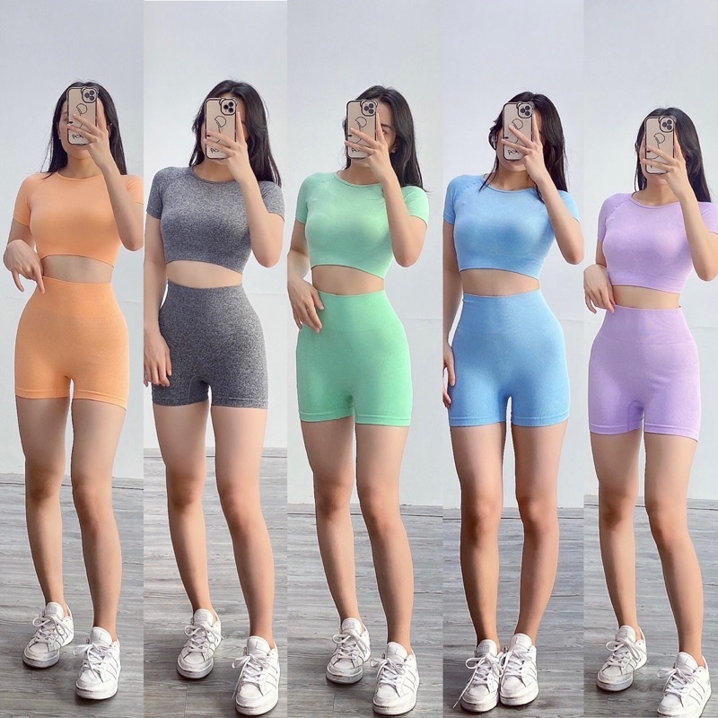 Bộ tập gym yoga BT áo croptop + quần đùi cao cấp thấm hút mồ hổi