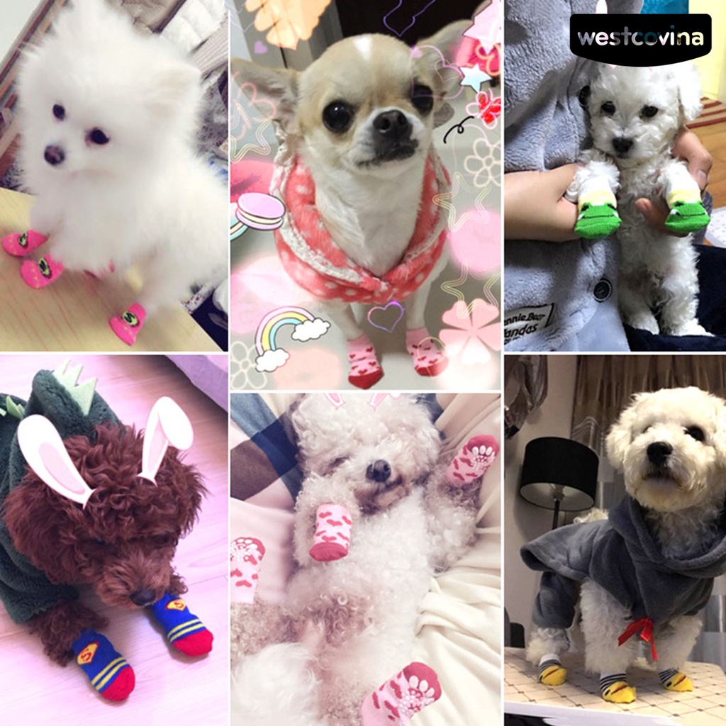 [COD]♘Set 4 Đôi Tất Cotton Chống Trượt Hình Dấu Chân Cho Thú Cưng