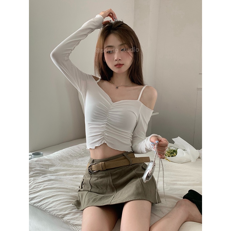 ZHELIHANGFEI Áo Kiểu Tay Dài Trễ Vai Màu Sắc Ngọt Ngào Cho Nữ