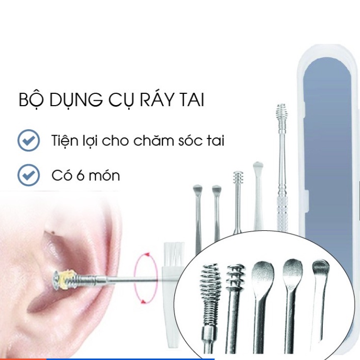 Bộ Dụng Cụ Ngoáy Tai Inox - Lấy Ráy Tai Thép Không Rỉ 6 Món - Mát Xa Tai - Làm Sạch Tai Hiệu Quả