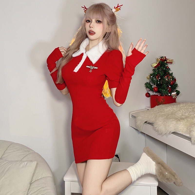 Đầm Mini Ôm Dáng Tay Dài Cổ Polo Màu Đỏ Dễ Thương Thời Trang Dự Tiệc Năm Mới