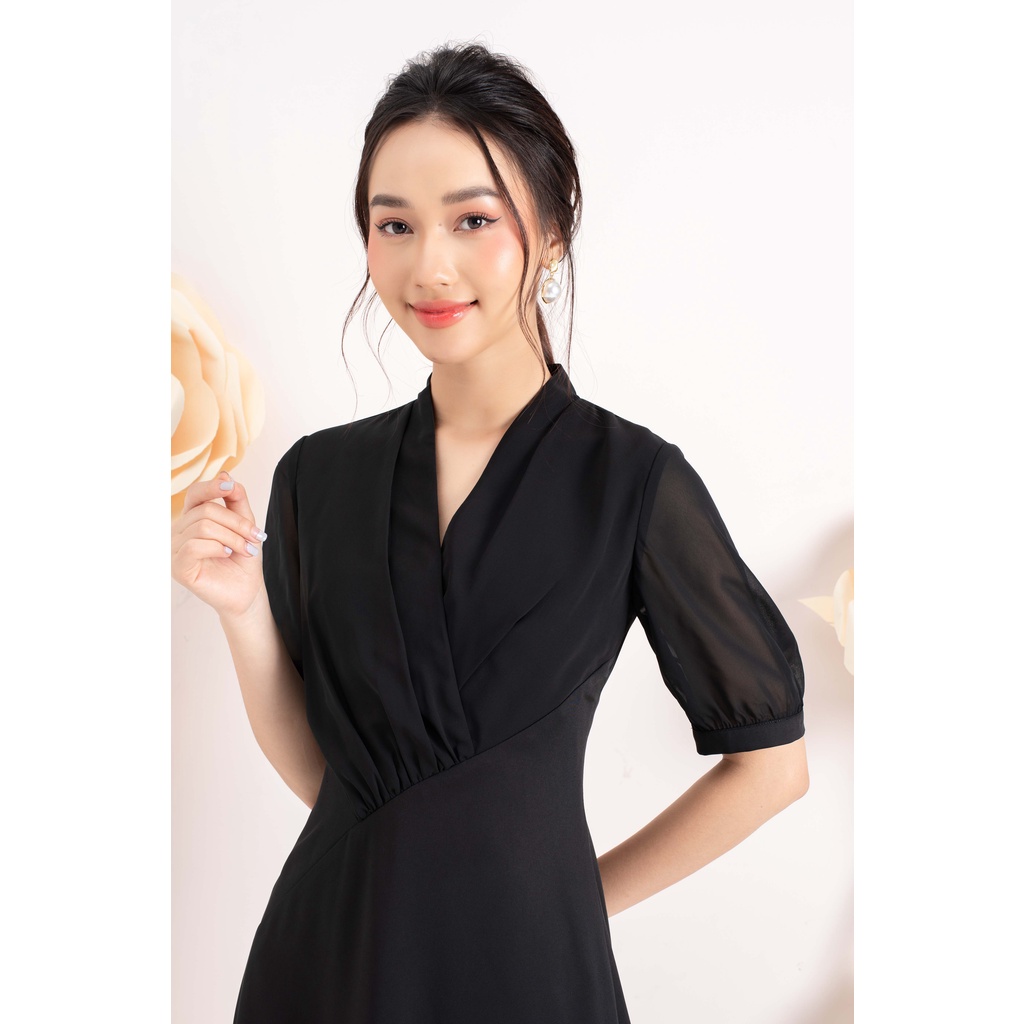 D459816 Đầm xòe FIONA, tay lỡ phối chifon, cổ V, trước ngực xếp ly, mở cúc