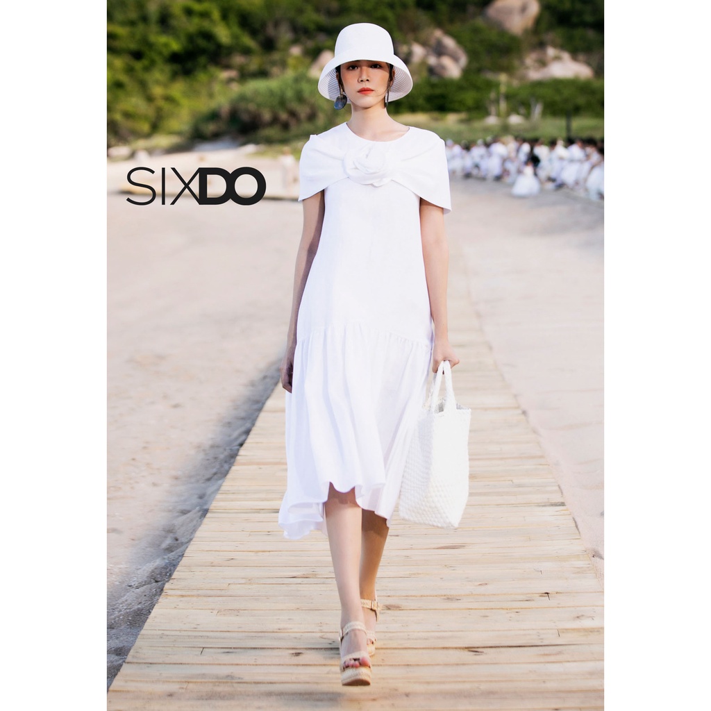 Đầm trắng phối hoa ngực linen SIXDO