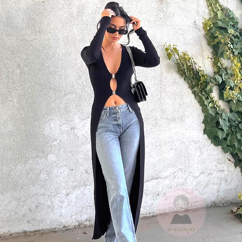 Đầm Dài Xẻ Tà Cổ Chữ V Tay Dài Màu Sắc Đơn Giản Dành Cho Nữ