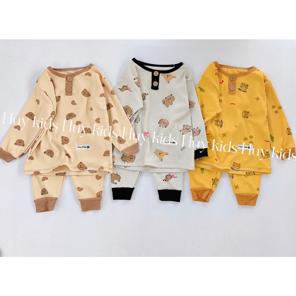 Đồ bộ dài tay chất len gân cổ trụ họa tiết thu đông cho bé