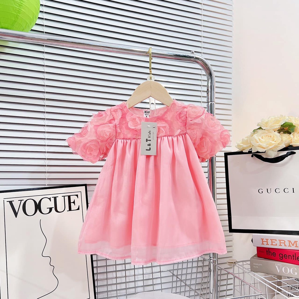 (10-22kg) Đầm công chúa baby doll phối hoa hồng siêu tiểu thư cho bé gái
