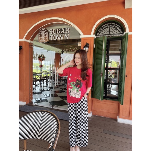 Set áo hồng hoạt hình đáng yêu quần suông gân caro