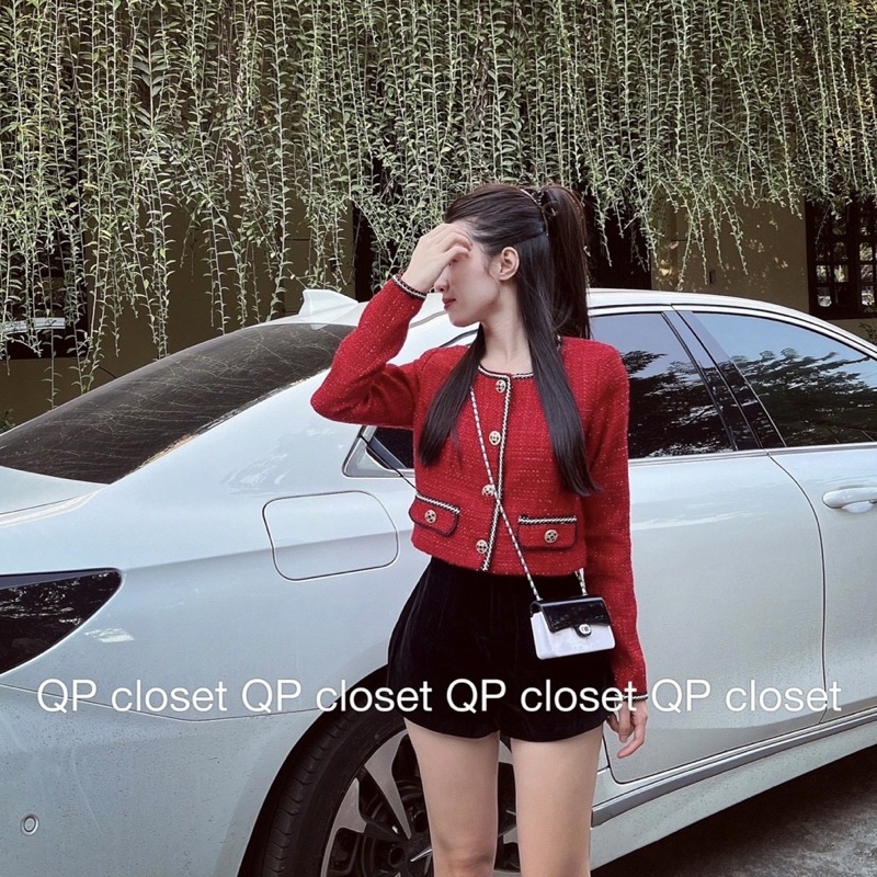 Áo Khoác Dạ Tweed Croptop Dáng Ngắn Nữ Màu Đỏ Hotgirl Cao Cấp