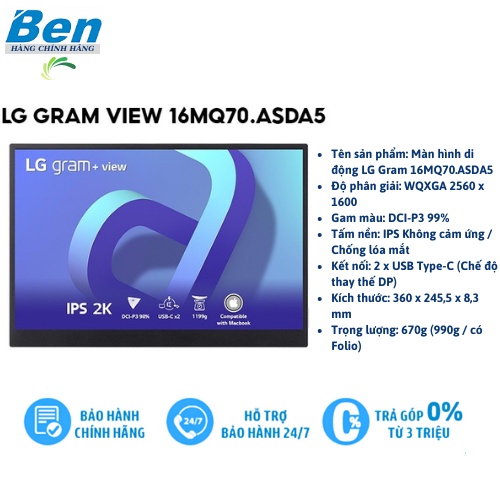Màn hình di động LG Gram +view 16MQ70 16 IPS 2K USBC