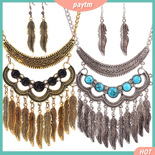 {PTM} Bộ Trang Sức Vòng Cổ + Bông Tai Tua Rua Hình Lá Kiểu Vintage 1 Cho Bạn Gái