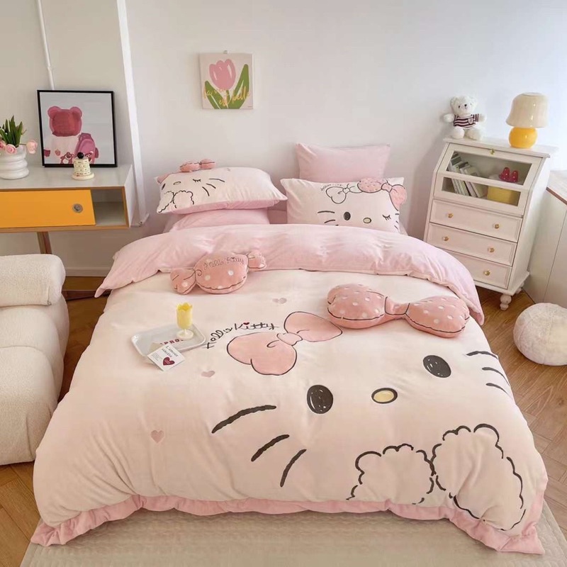 Bộ Chăn Ga Gối Nỉ Nhung Hello Kitty Thêu Cao Cấp Dễ Thương