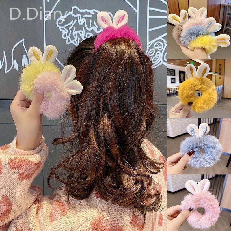 Dây Cột Tóc Cao Su Co Giãn Hình Tai Thỏ Phối Lông Dễ Thương Dành Cho Nữ