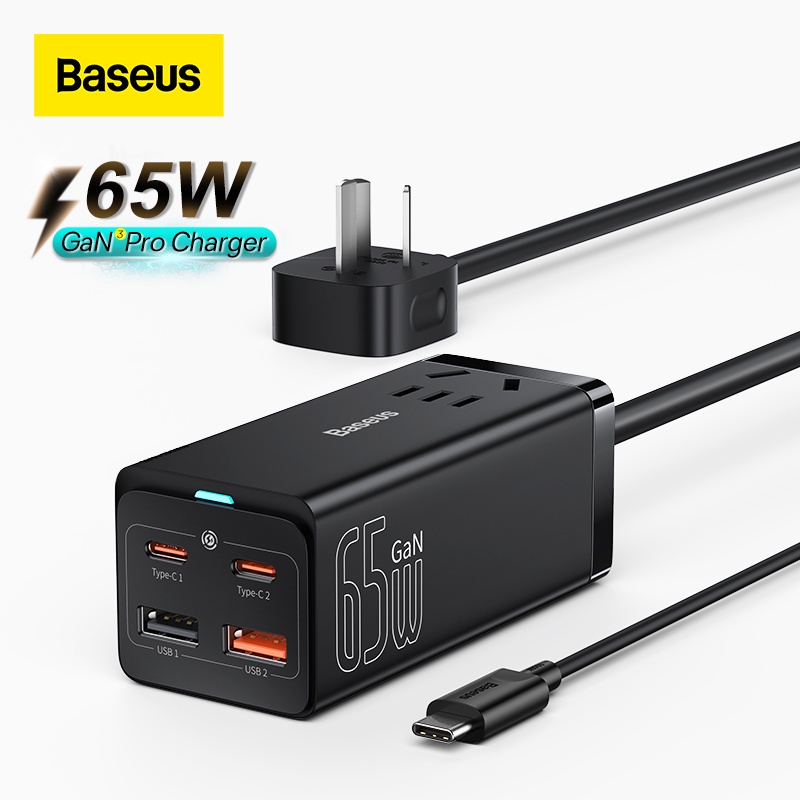 Củ sạc nhanh 65W Baseus GaN3 Pro, tích hợp dây nguồn nối dài (USB*2, Type C*2, AC 100V-240V), bảo hành 12 tháng