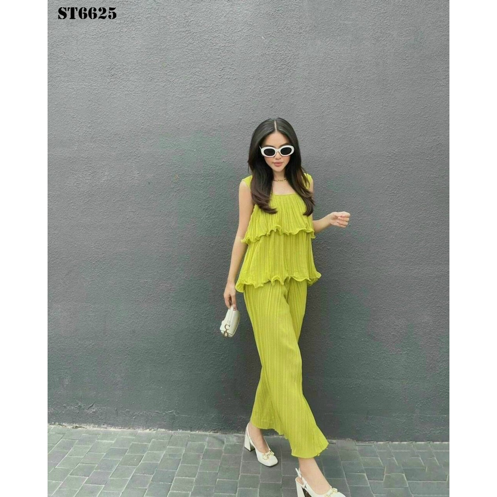 Bộ Jumpsuit nữ áo thiết kế hai dây phối bèo quần ông rộng cực xinh