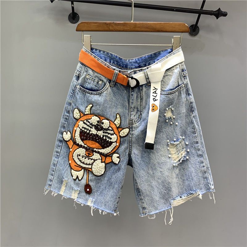 Jiashucheng Quần Short Denim Năm Tấc Dáng Suông Rách Hoạt Hình Phong Cách Mới Không Co Giãn