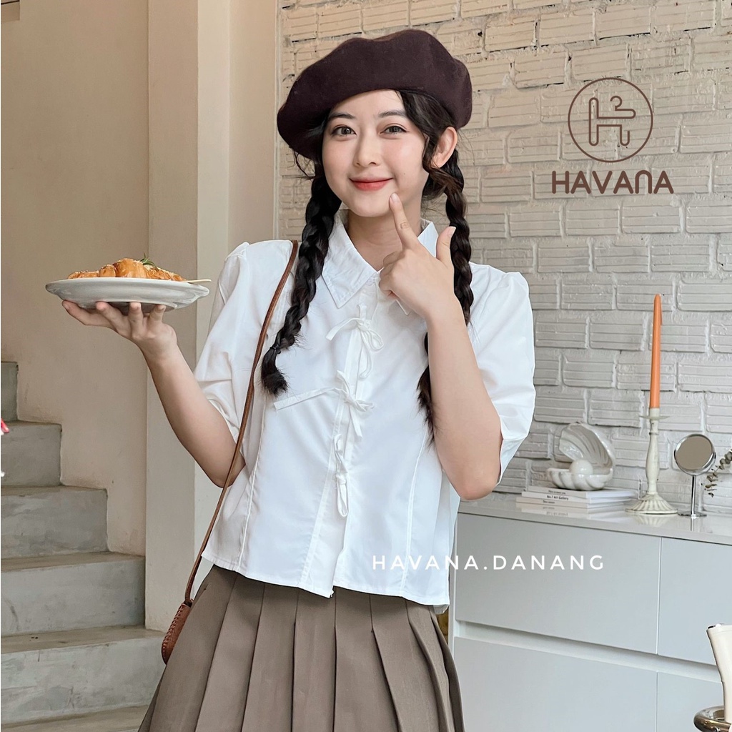 Áo sơ mi croptop buộc dây phong cách đơn giản, áo kiểu nữ ngắn tay AE303