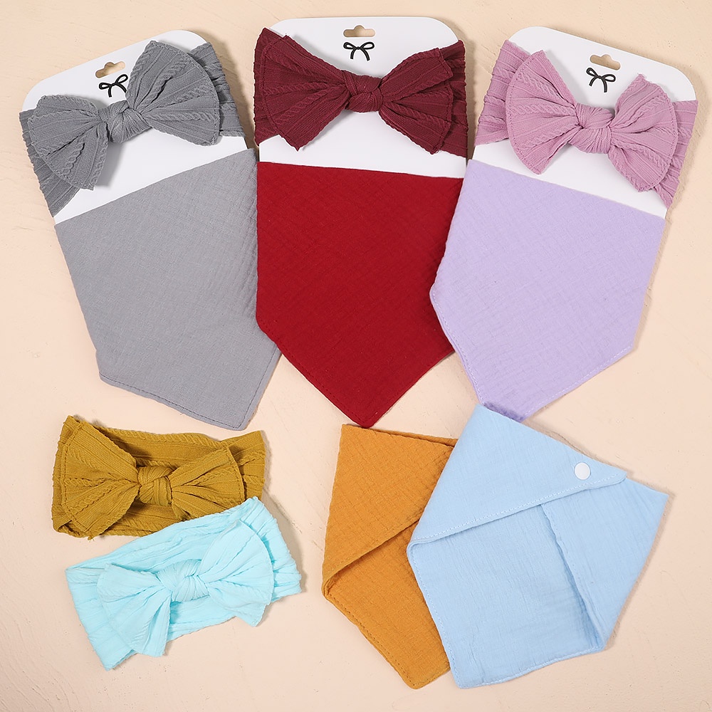 KIDSBOWS Set yếm ăn kèm phụ kiện tóc KIDSBOWS cotton hình tam giác màu trơn chống thấm nước dành cho bé