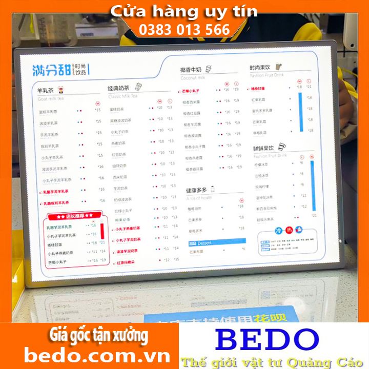 Tranh điện/Bảng/Biển menu siêu mỏng, siêu sáng – BEDO, Có thể xoay ngang, dọc, kích thước A2, A3, A4 để bàn hoặc treo tư
