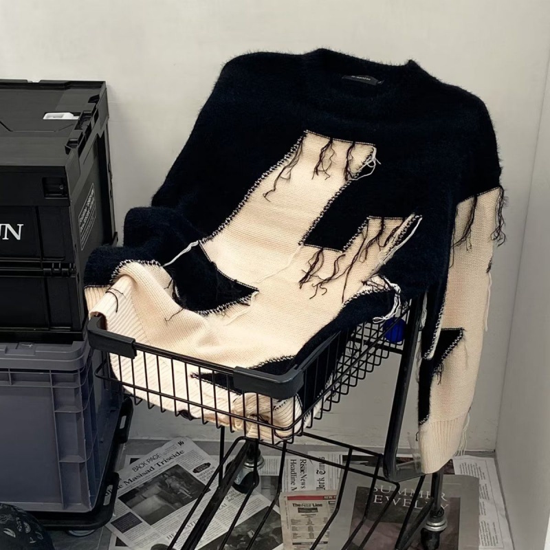 Áo Khoác Sweater Cổ Tròn Dáng Rộng Phối Tua Rua Rách Kiểu Retro Mỹ Thời Trang Thu Đông Cho Các Cặp Đôi