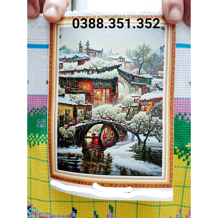 Tranh thêu chữ thập tứ quý phong cảnh bốn mùa thêu kín 60*90*4cm