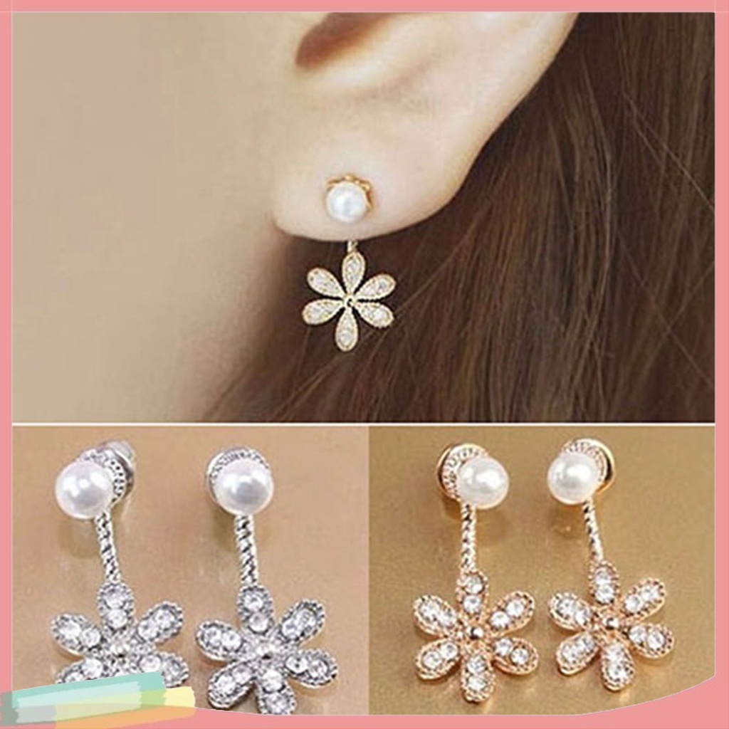 Đôi khuyên tai hình hoa đính kim cương ngọc trai giả thời trang cho nữ