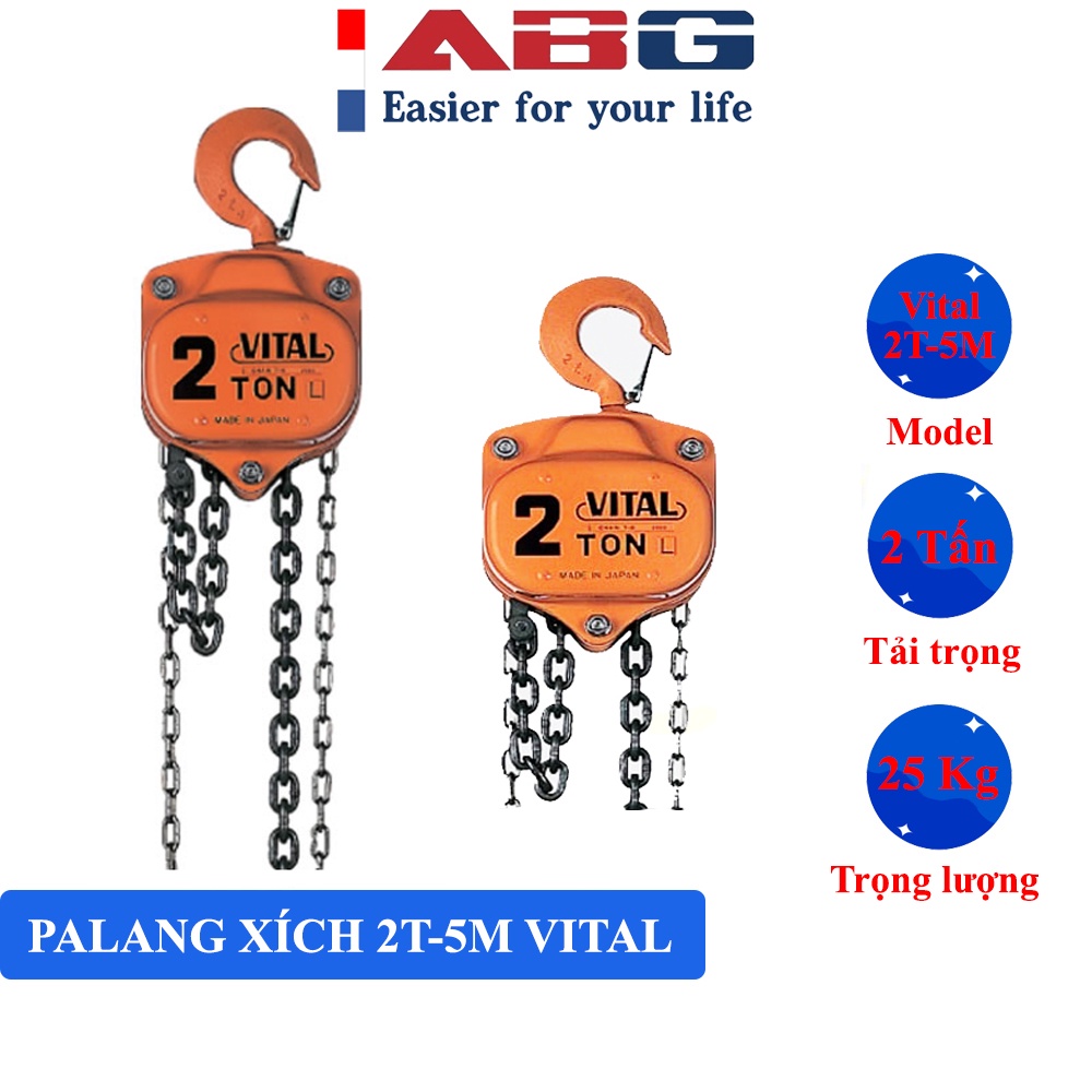 Palang xích kéo tay ABG 2 tấn 5m Vital, vận hành dễ dàng nâng hạ các vật nặng, đảm bảo độ an toàn cao, thiết kế nhỏ gọn