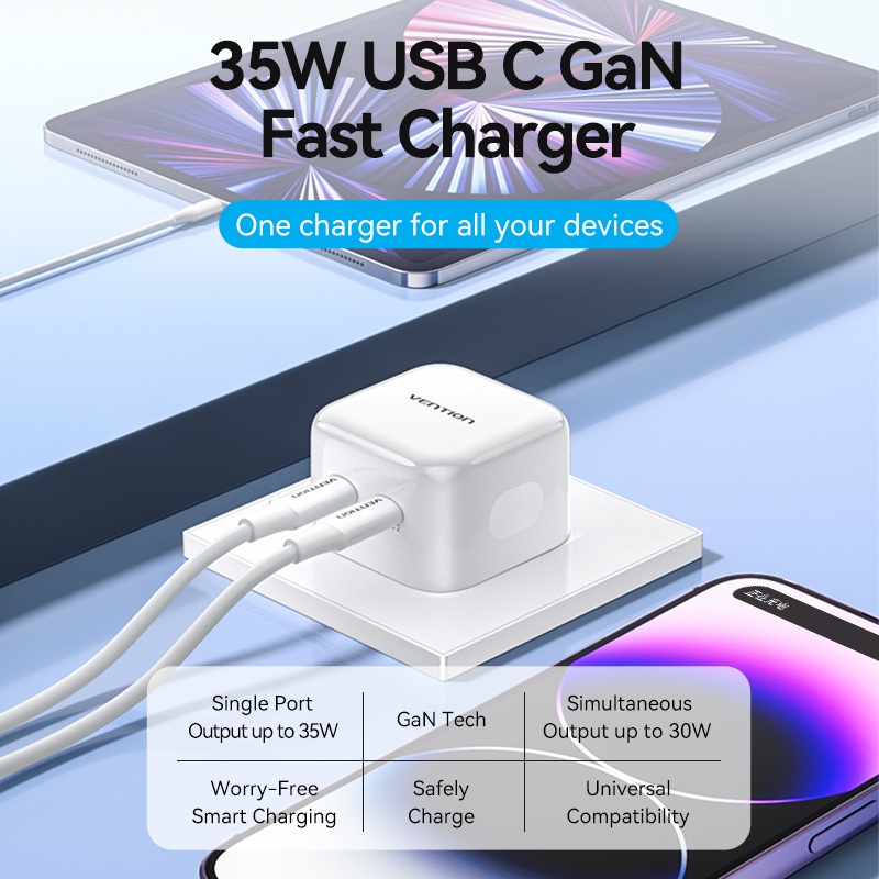 Bộ SạC Nhanh Vention 35W 2 CổNg USB C Cho iPhone 14 Pro Max SAMSUNG S22 ipad Air5 MacBook