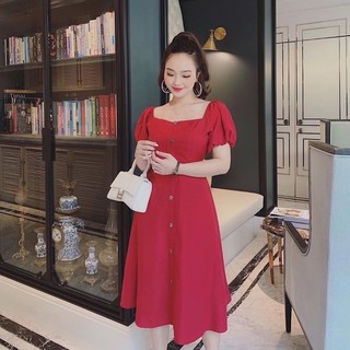 Đầm đỏ cổ vuông basic (kèm hình thật)