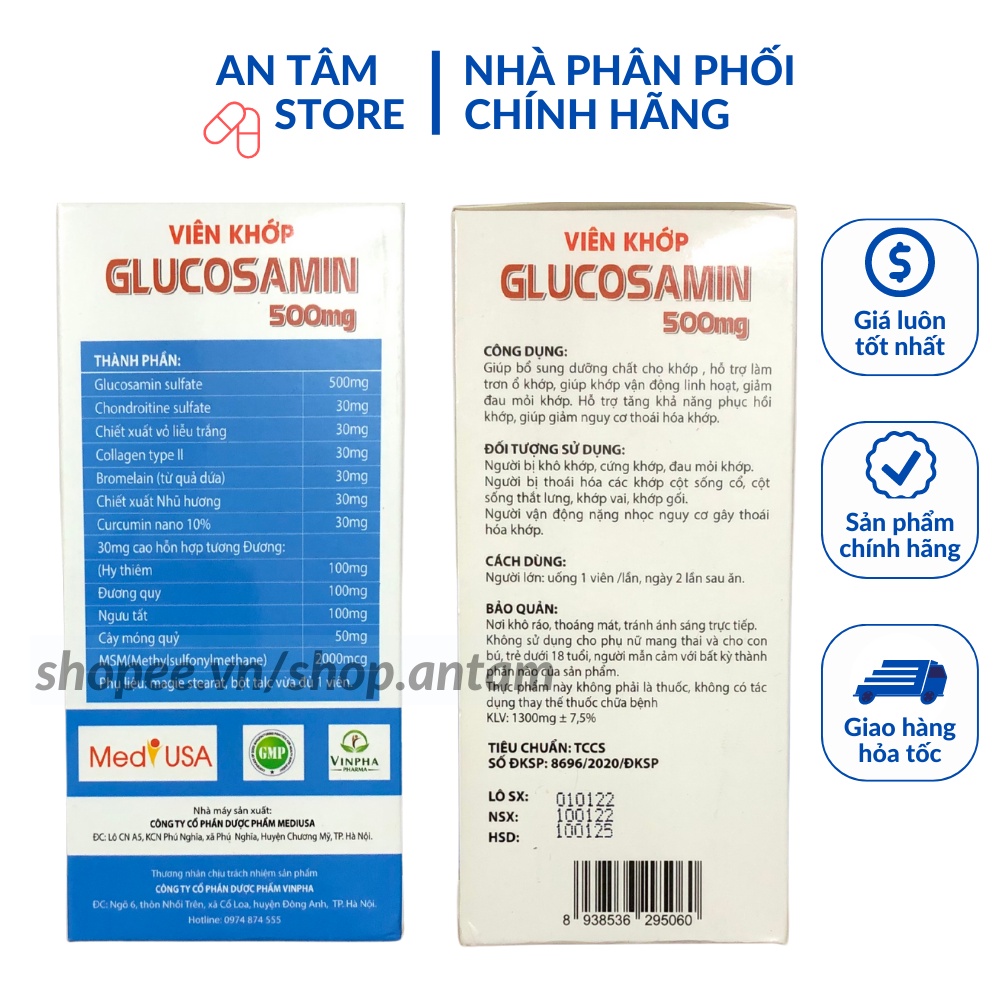 Viên khớp GLUCOSAMIN 500mg giúp xương chắc khớp khỏe, ngăn ngừa thoái hóa khớp, tái tạo mô sụn – Lọ 30 viên