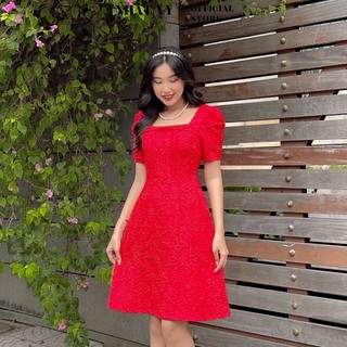 Đầm Nữ NHẬT VY Họa Tiết Hoa Cổ Vuông Chiết Eo Nữ Tính Chất Tapta Thun Đi Tiệc Dáng Xòe Màu Đen, Xanh, Vàng, Hồng - D1812