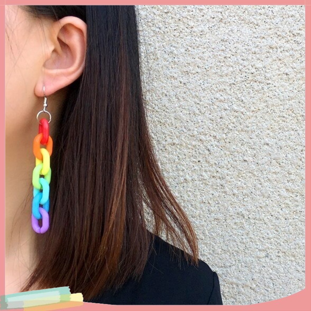 Đôi Khuyên Tai Dài Phối Dây Xích Màu Cầu Vồng Thời Trang Cho Nữ