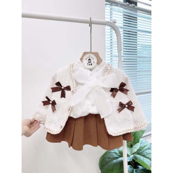 Set 3 chi tiết váy áo nơ kèm khoác dạ 2 lớp tiểu thư xinh xắn bé gái