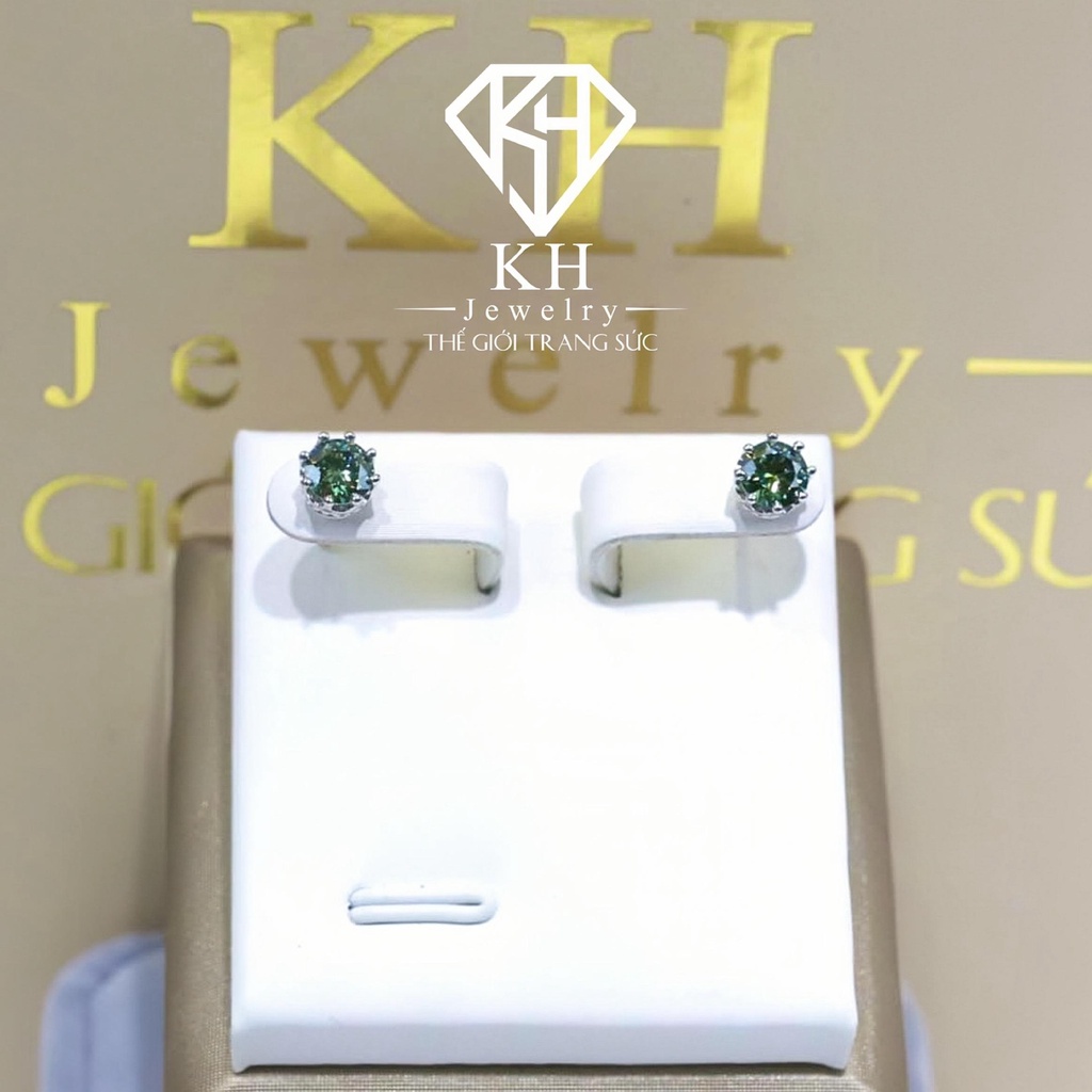 Khuyên Tai Vương Miện Đá Moissanite Cao Cấp - XANH KHJEM05 Xi Kim - Chốt Đẩy