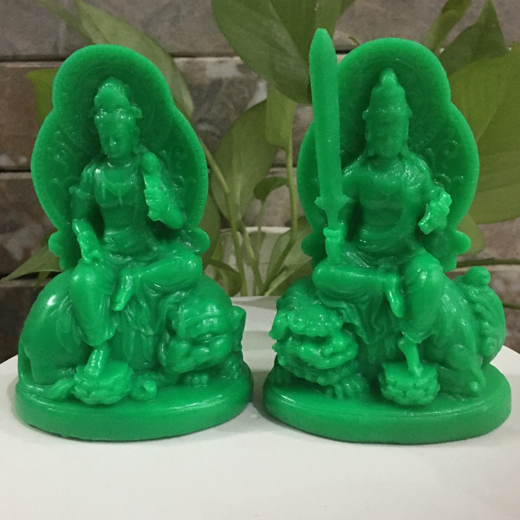 Bộ 2 tượng văn thù - phổ hiền bồ tát màu xanh lá cao 12 cm
