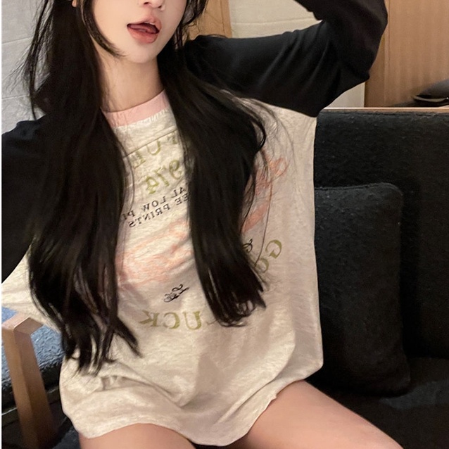 SUXI Áo Thun Tay Dài Dáng Rộng Màu Sắc Thời Trang Hàn Quốc Cho Nữ