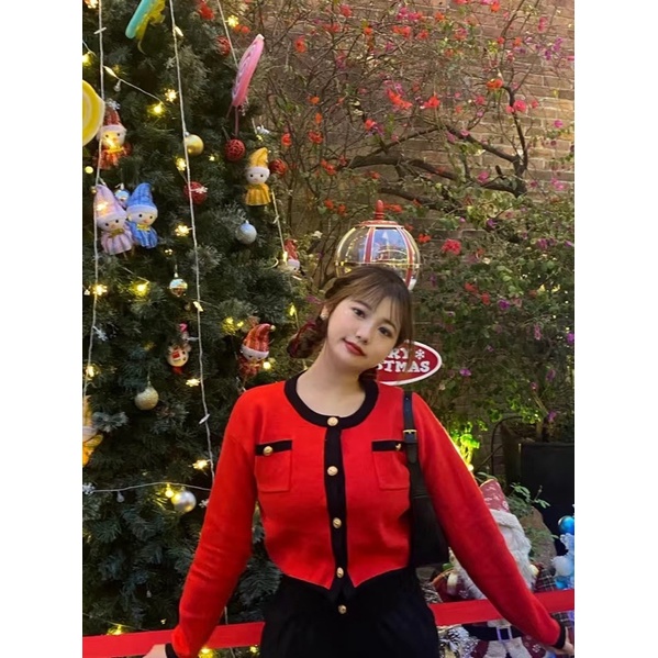 Áo cardigan đỏ viền đen giống Jennie BLACKPINK