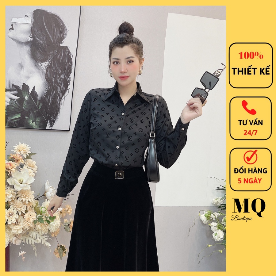 Áo sơ mi nữ phối nhung dài tay cao cấp công sở họa tiết chữ nhỏ d và lv nhung nền đen, áo sơ mi thiết kế MQ Boutique
