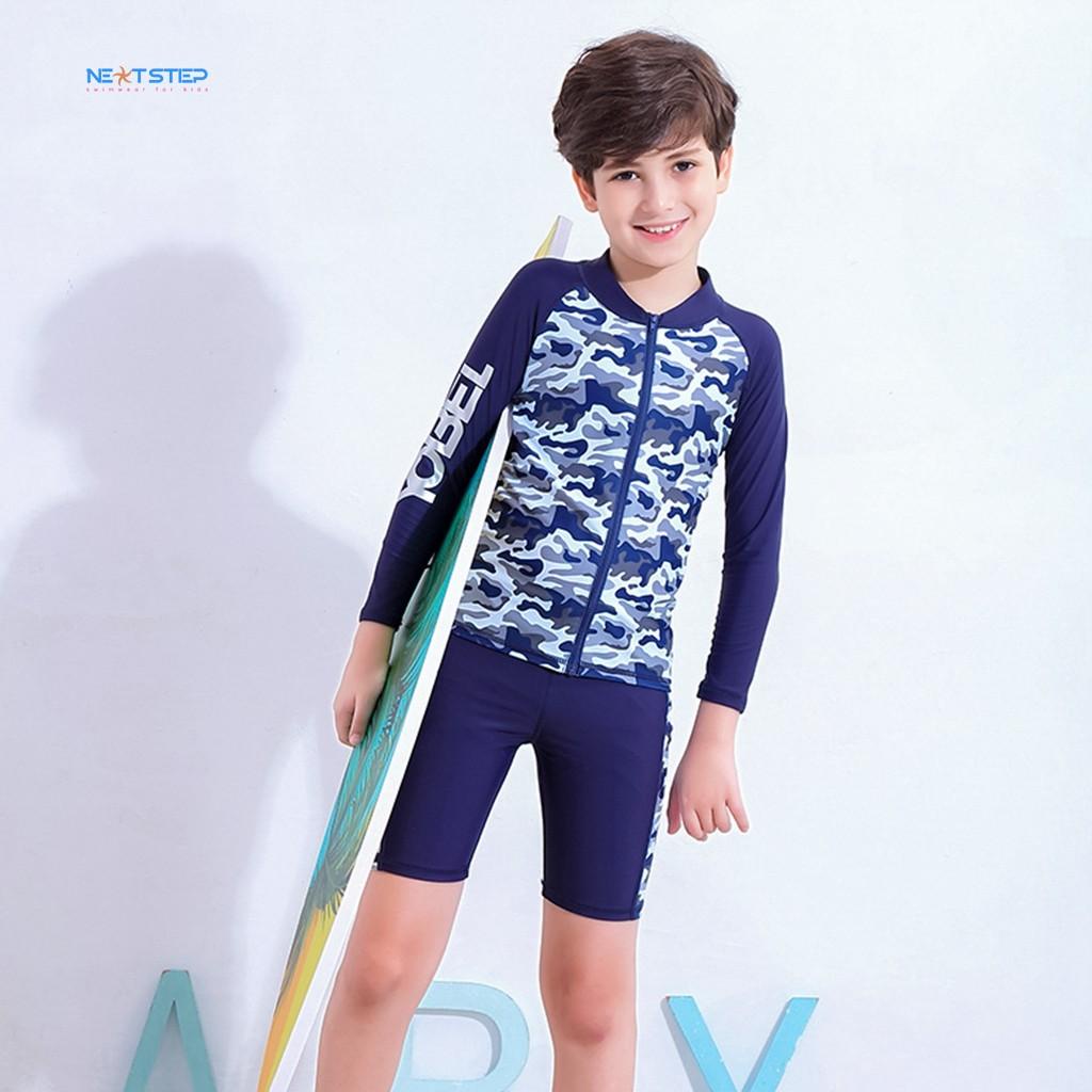 Đồ bơi trẻ em, đồ bơi bé trai tay dài chất vải chống nắng size lớn đến 45kg cho bé trai đến 12 tuổi