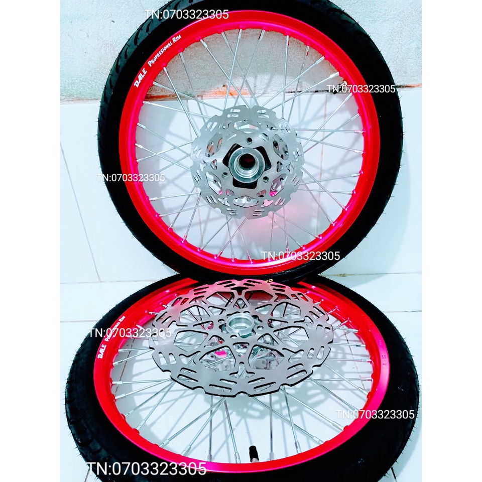 CẶP BÁNH CĂM RAIDER SATRIA NIỀN NHÔM DALE .BAN ZAI .SOLUTE. SH THÁI HỒNG  KÈM 2 ĐĨA VÀ VỎ CAMEL 50.100.60.80