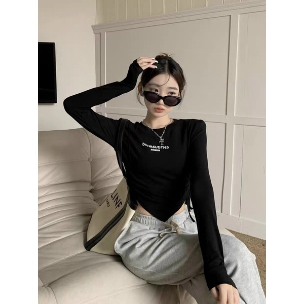 Áo tay dài vạt nhọn in chữ rút dây 2 bên BG xinh nhé