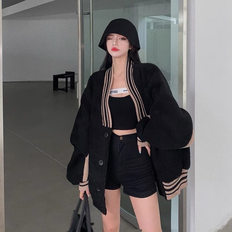 Combo 1 Áo khoác cardigan dạ ép tặng kèm 1 áo len tăm cổ V kèm ảnh thật tay phối nâu cực ấm áp dày dặn thu đông