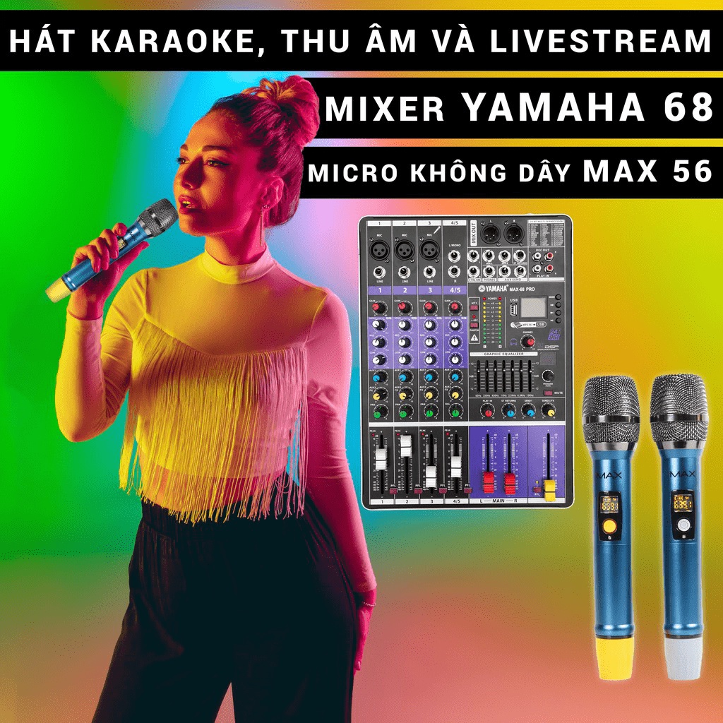 Combo thu âm livestream chuyên nghiệp karaoke cao cấp mixer Max 68 Pro và micro Max 56 bộ 2 mic không dây