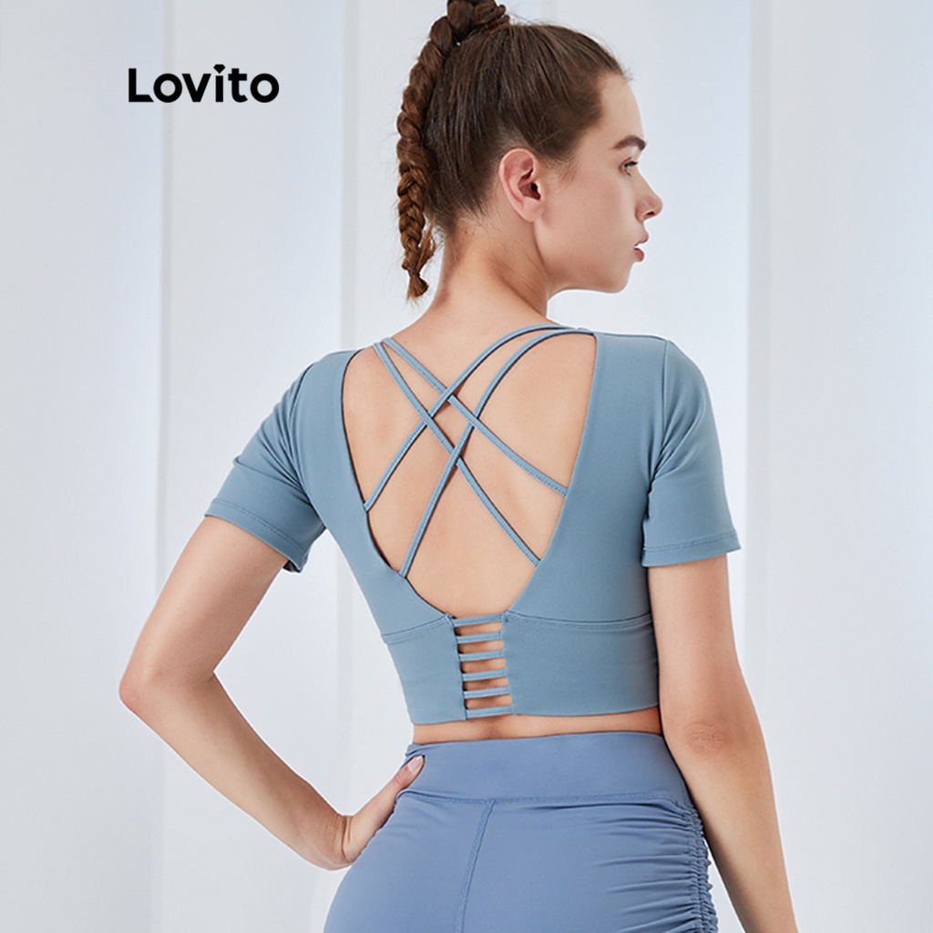Áo lót thể thao Lovito dáng ôm màu trơn không gọng bao phủ 3/4 ngực dây chéo thoáng khí L04007 (xanh dương）