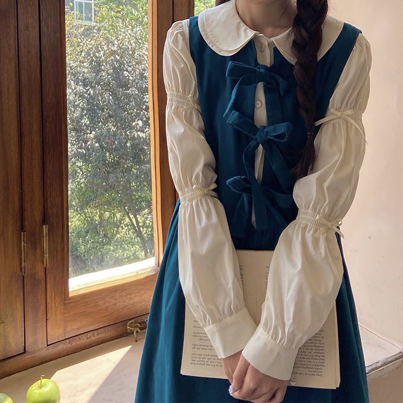 Set Áo Sơ Mi Tay Dài Cổ Búp Bê + Váy Yếm Màu Xanh Dương / Áo Vest / Áo Sơ Mi Tay Dài Cổ Búp Bê Đính Nơ / Chim Công Kiểu Retro Thời Trang Mùa Thu Cho Nữ 12.30