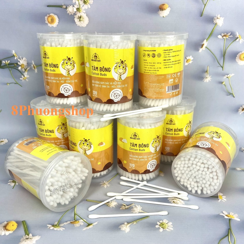 Tăm Bông Cho Bé 120 QUE HỘP TRÒN XOAY COTTON BUDS chính hãng BÔNG BẠCH TUYẾT