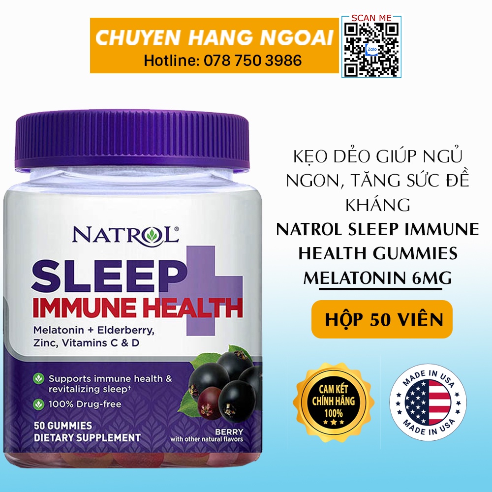 Kẹo Dẻo Hỗ Trợ Ngủ Ngon Tăng Sức Đề Kháng Natrol Sleep Immune Health Gummies Melatonin 6mg 50 viên