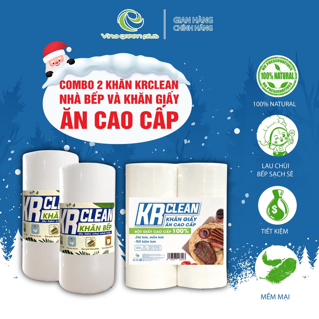 Combo gồm 2 cuộn Krclean trắng 100 tờ- giấy lau bếp tờ có thể giặt được, tái sử dụng- Tặng 2 khăn ăn USA