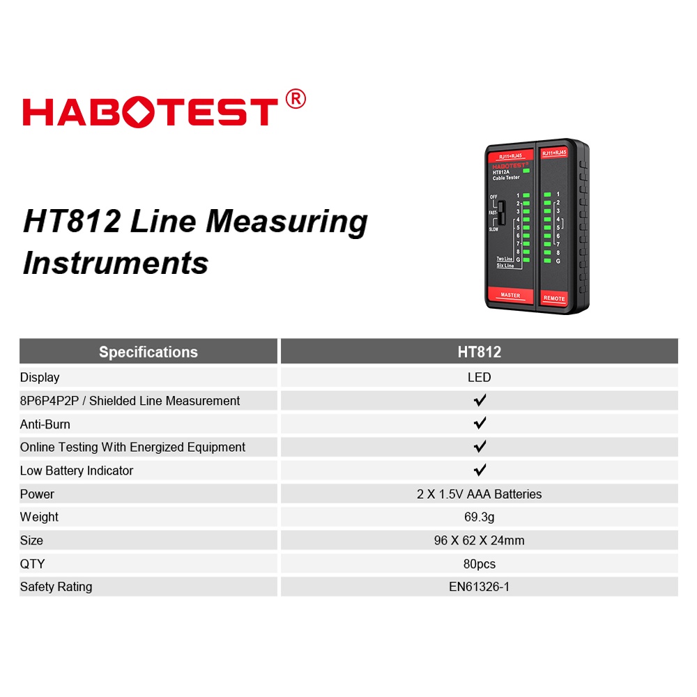 HABOTEST HT812A Thiết bị kiểm tra cáp mạng 8P/6P/4P/2P Cáp LAN Tester Công cụ theo dõi cáp quang