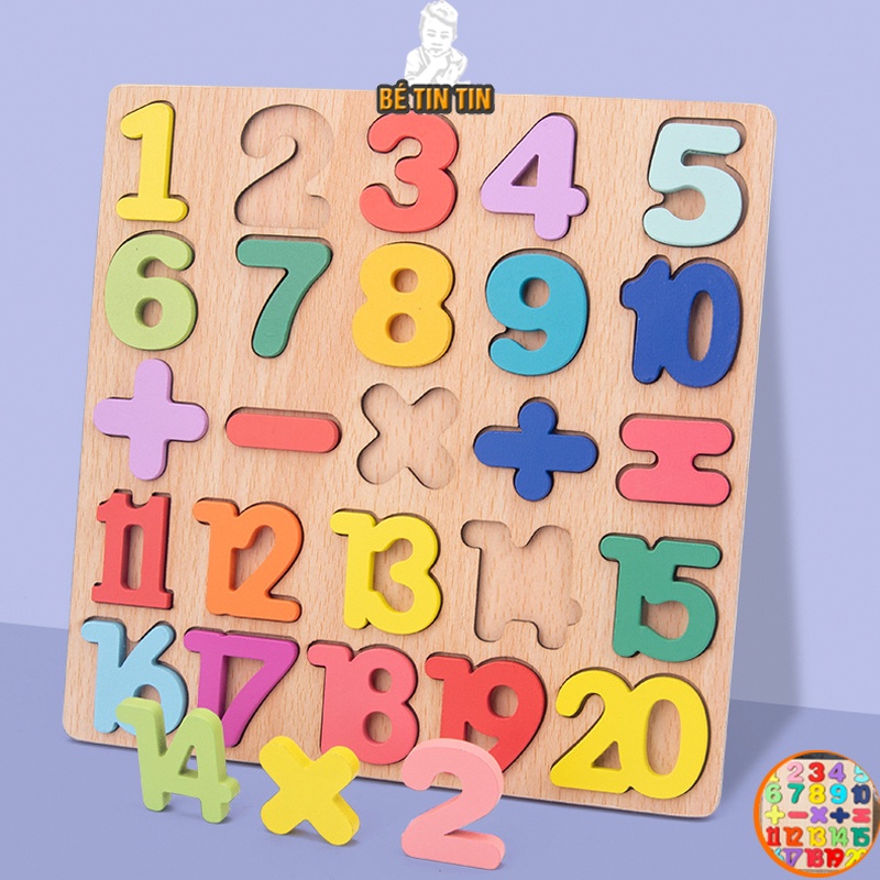 Bảng chữ số gỗ nổi số cho bé, kích thước 20x20cm, giúp bé phát triển tư duy toán học