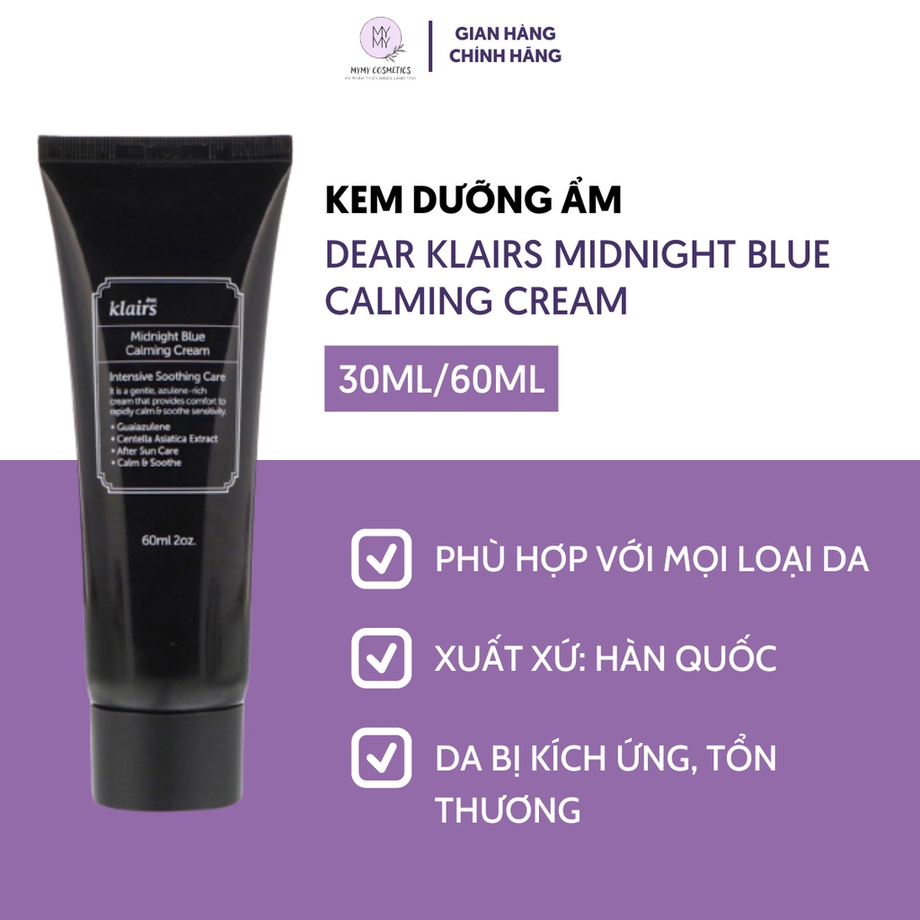 Kem Dưỡng Ẩm Dear Klairs Midnight Blue Calming Cream Làm Dịu Da Ban Đêm Giúp Da Mịn Màng 30ml/60ml